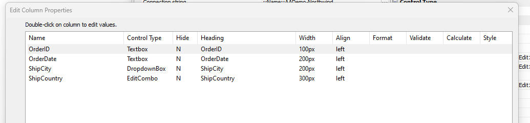 Double-clicking a column to edit its control type